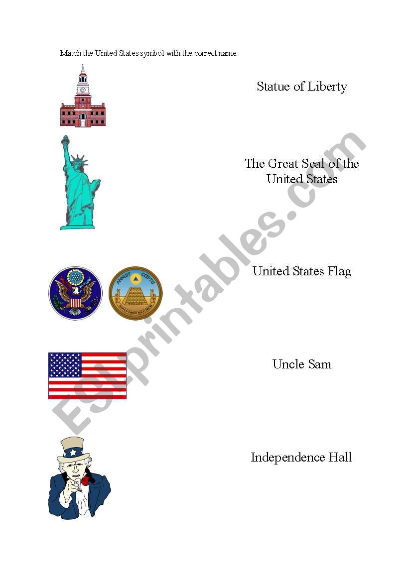 United States Symbols Matching Worksheet - ESL worksheet by cfoot