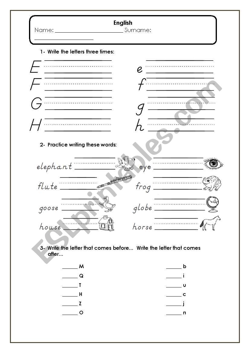 alphabet - E-H worksheet