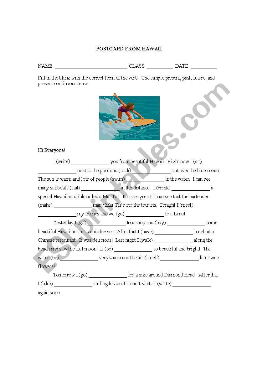 Postcard from Hawaii -  worksheet