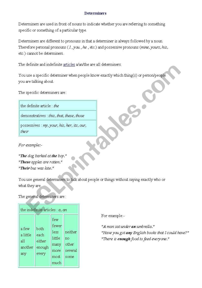 Determiners worksheet