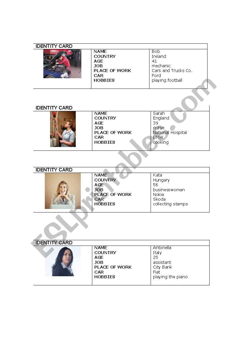 identity cards worksheet