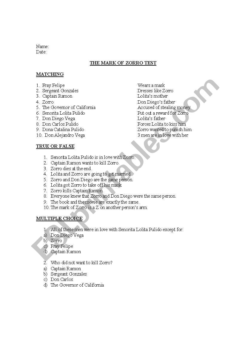 The Mark of Zorro Quiz worksheet