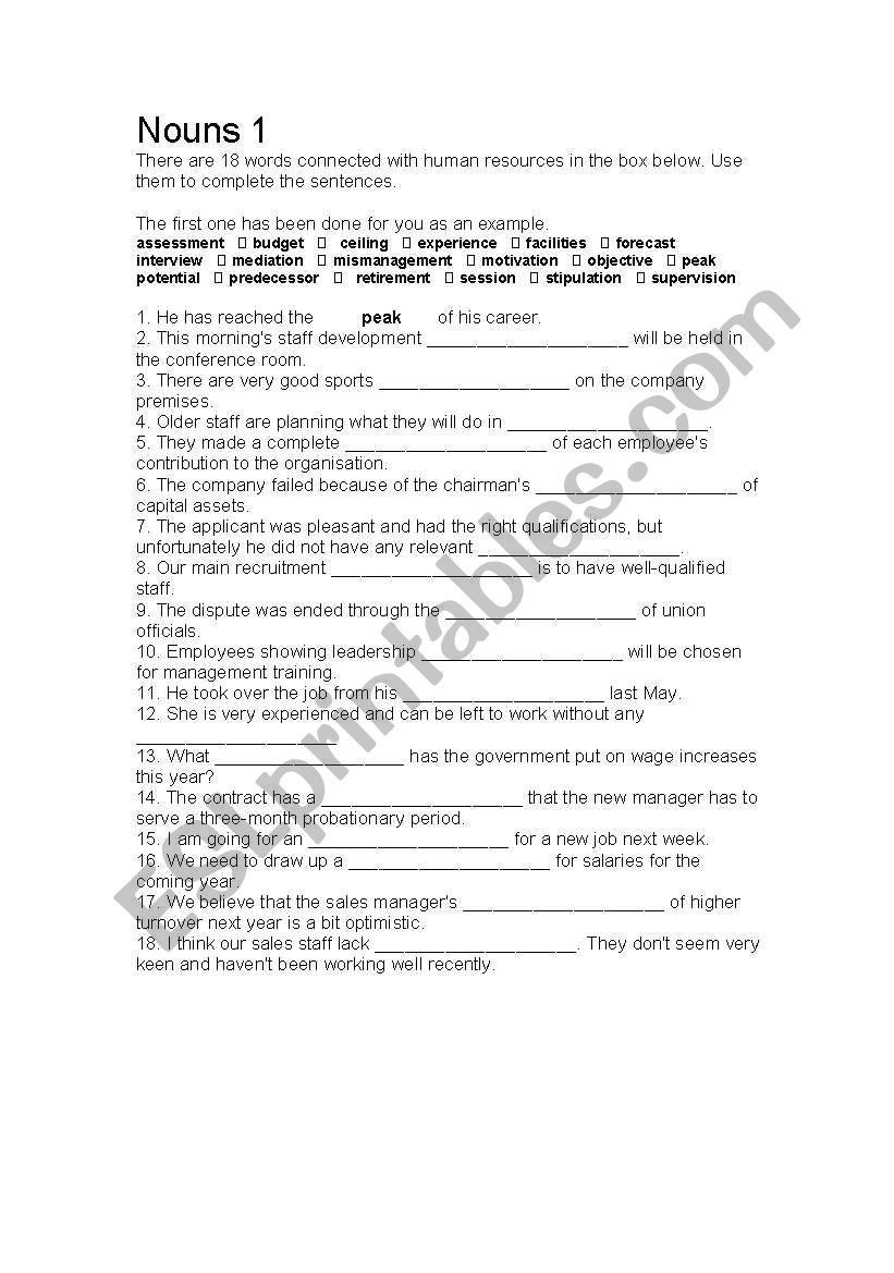 Human resources nouns worksheet