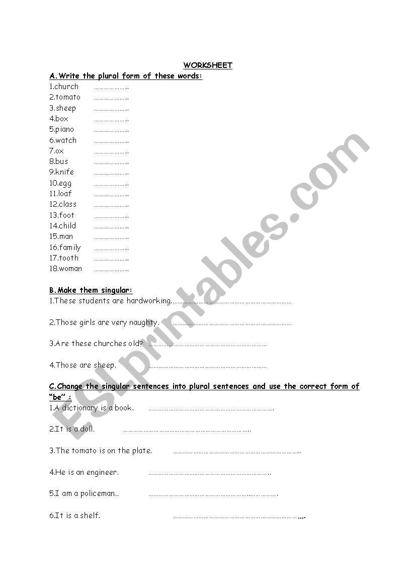 Singular and Plural worksheet