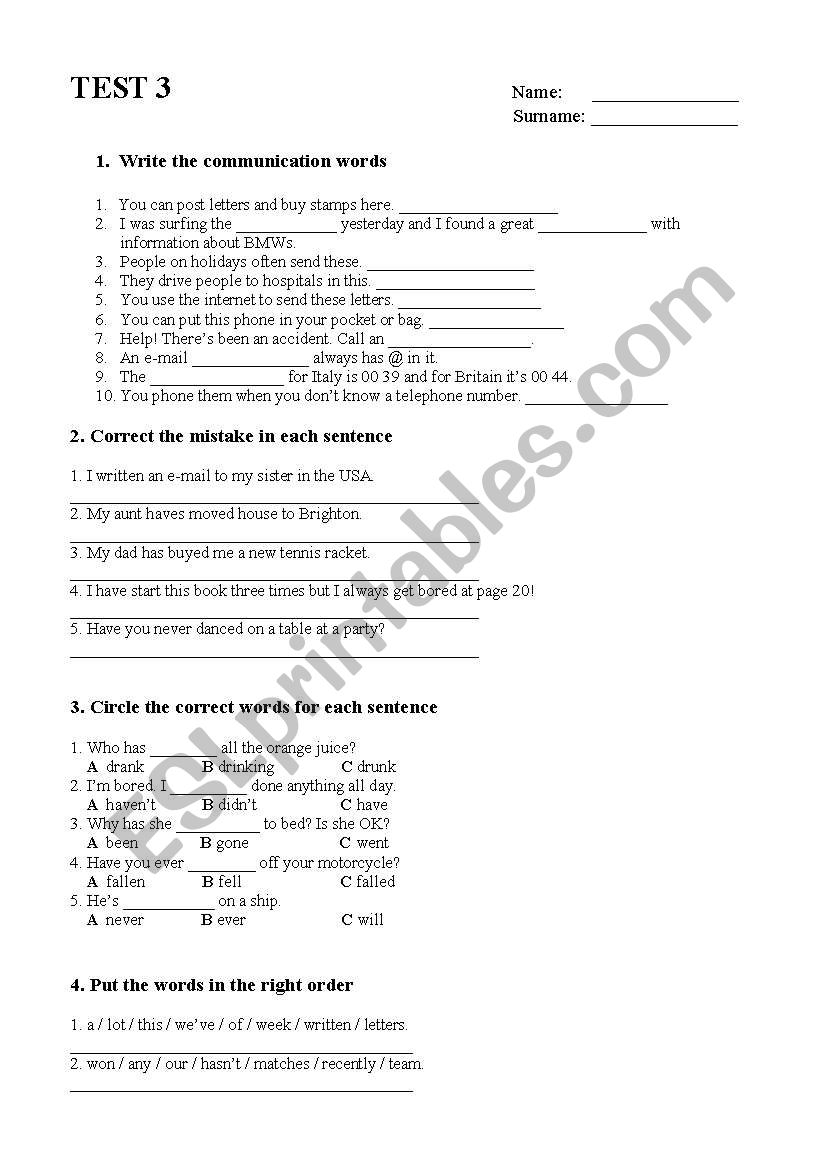 Tempo 3 - unit 3 test worksheet