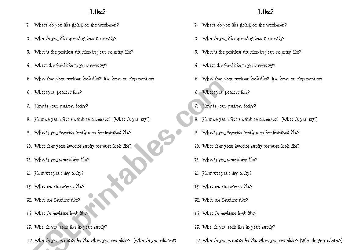 Like as a verb or a preposition - ESL worksheet by milicarakic