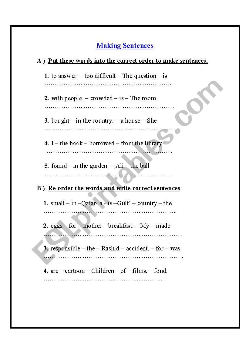 Making And Reordering Sentences ESL Worksheet By Mabushaqra