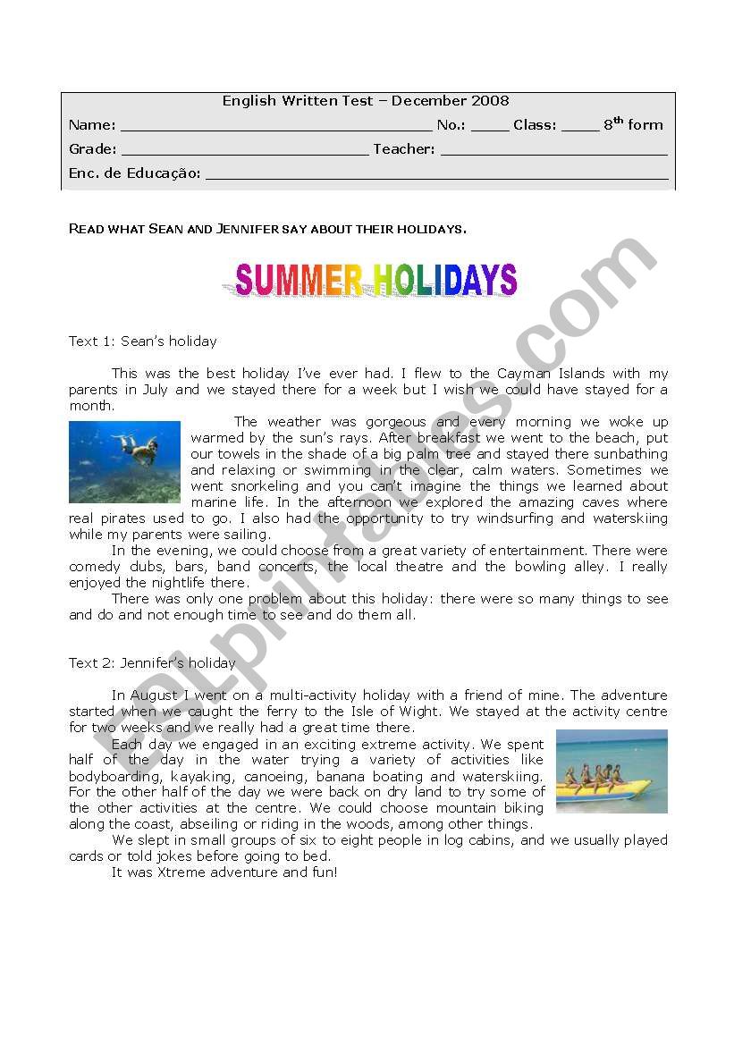 summer holidays - ESL worksheet by paula_esl