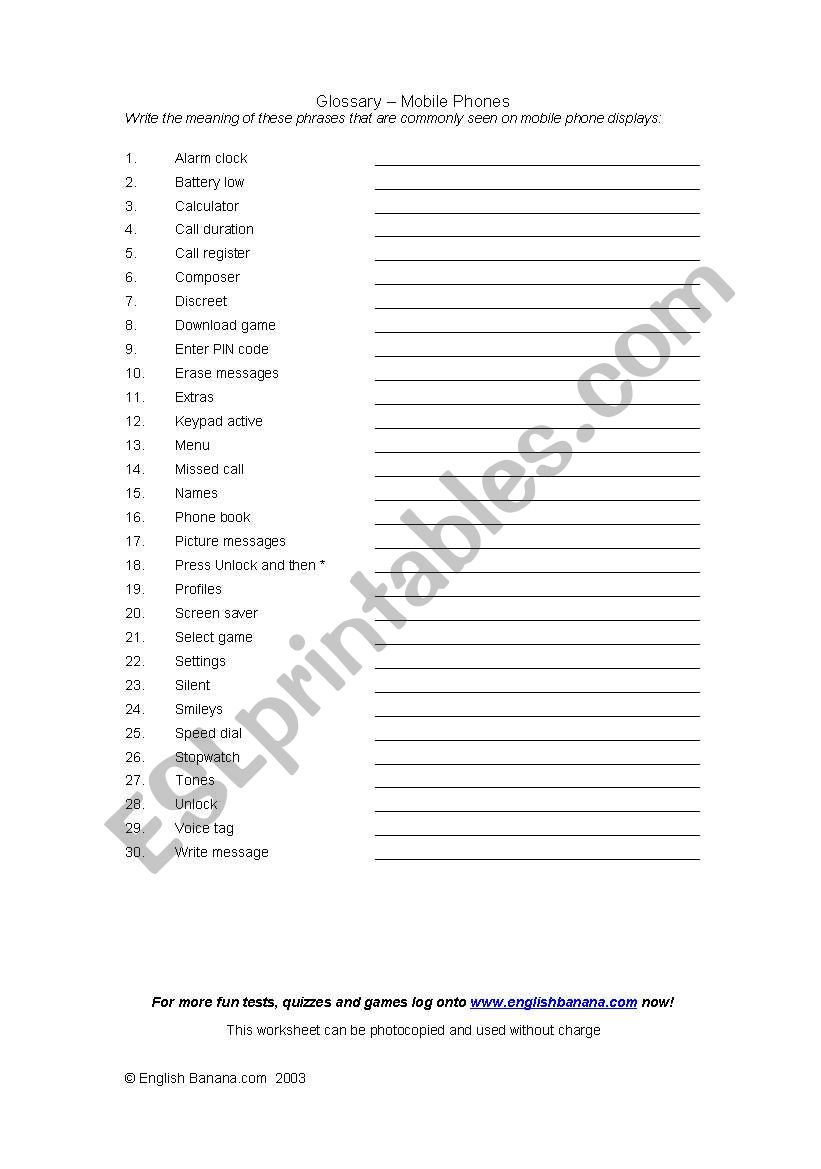 mobile phones worksheet