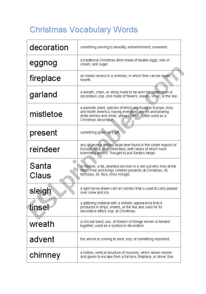 Christmas Vocabulary Words worksheet