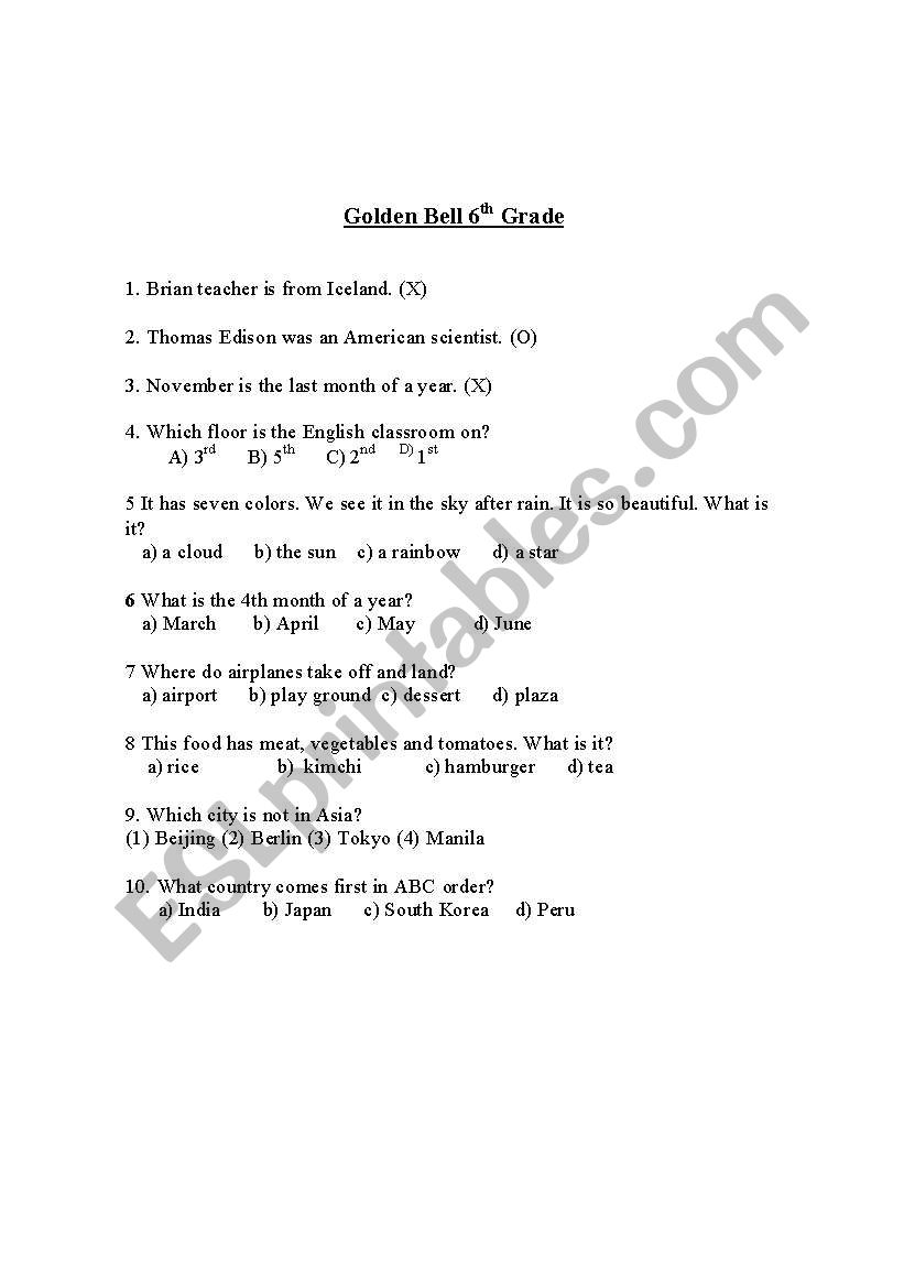 Golden Bell Quiz worksheet