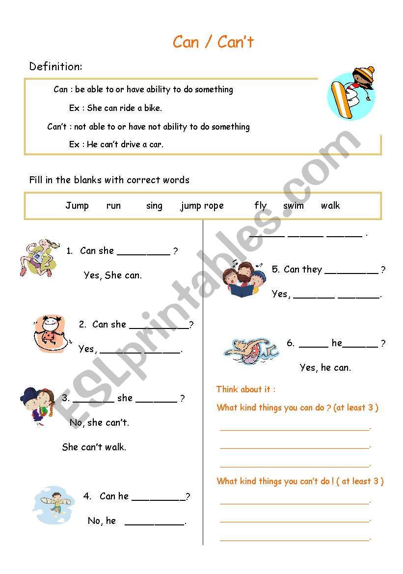 can / can´t - ESL worksheet by Melissa Hunag