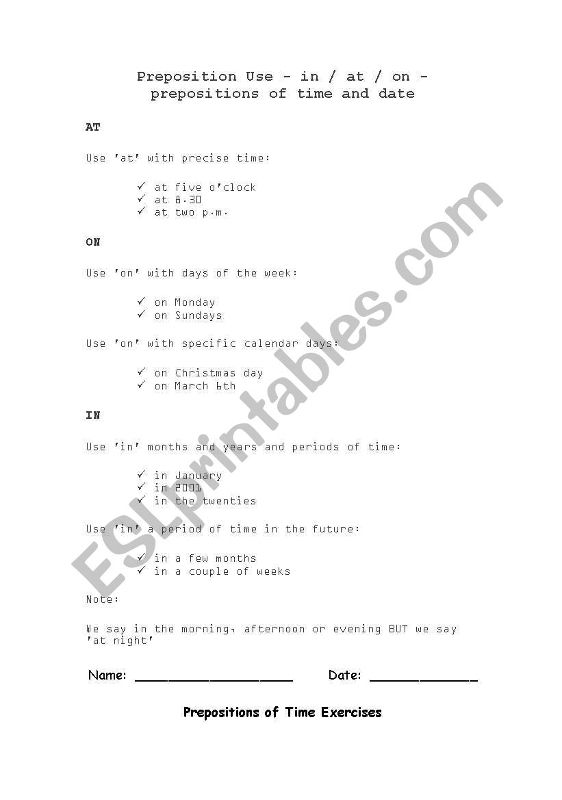 prepositions of time worksheet