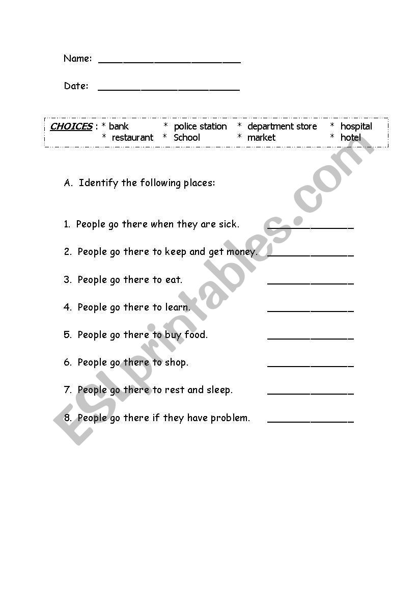 places in the community worksheet