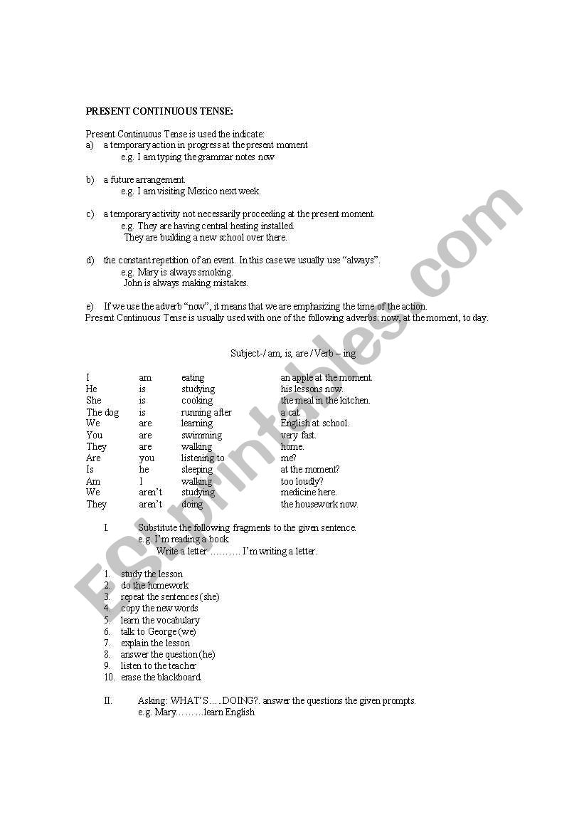 The present continuos tense worksheet