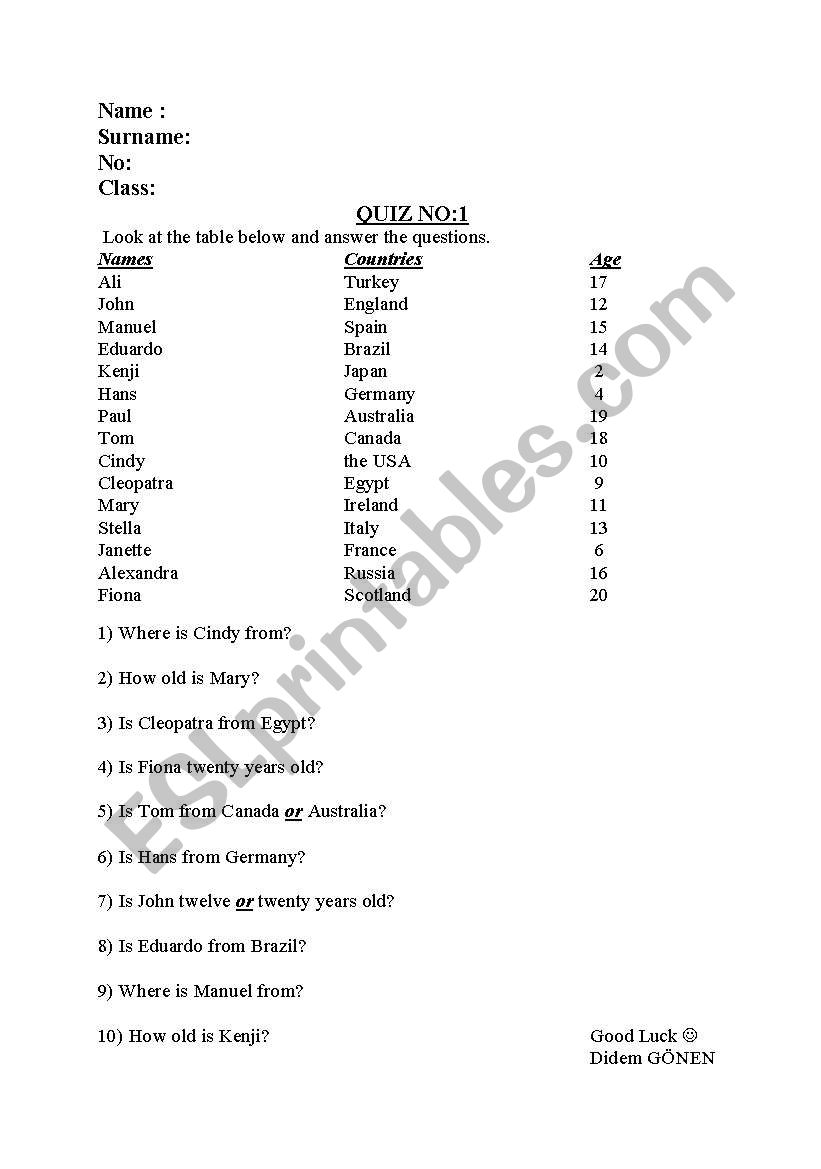 country test worksheet