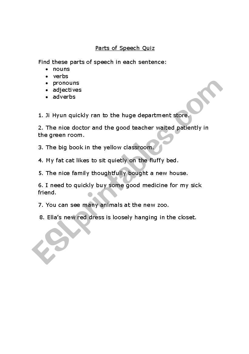 Parts of Speech Review worksheet