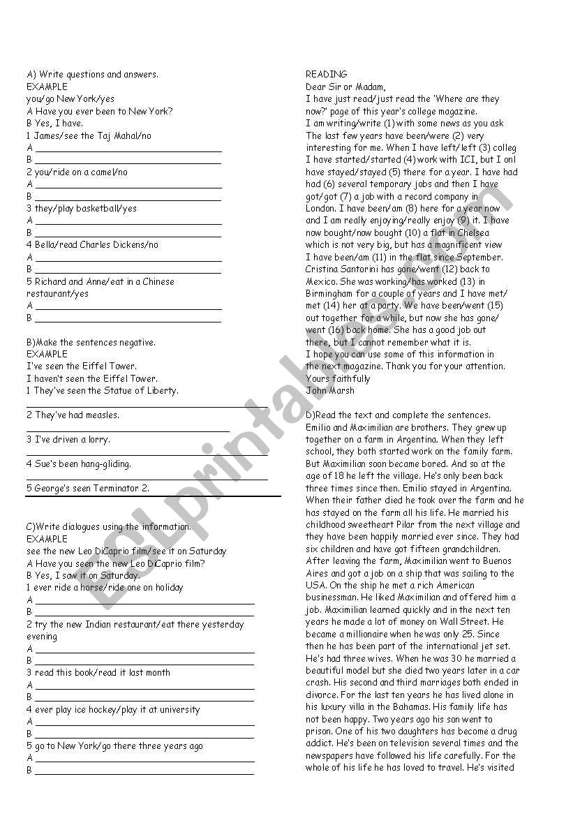 Present Perfect worksheet