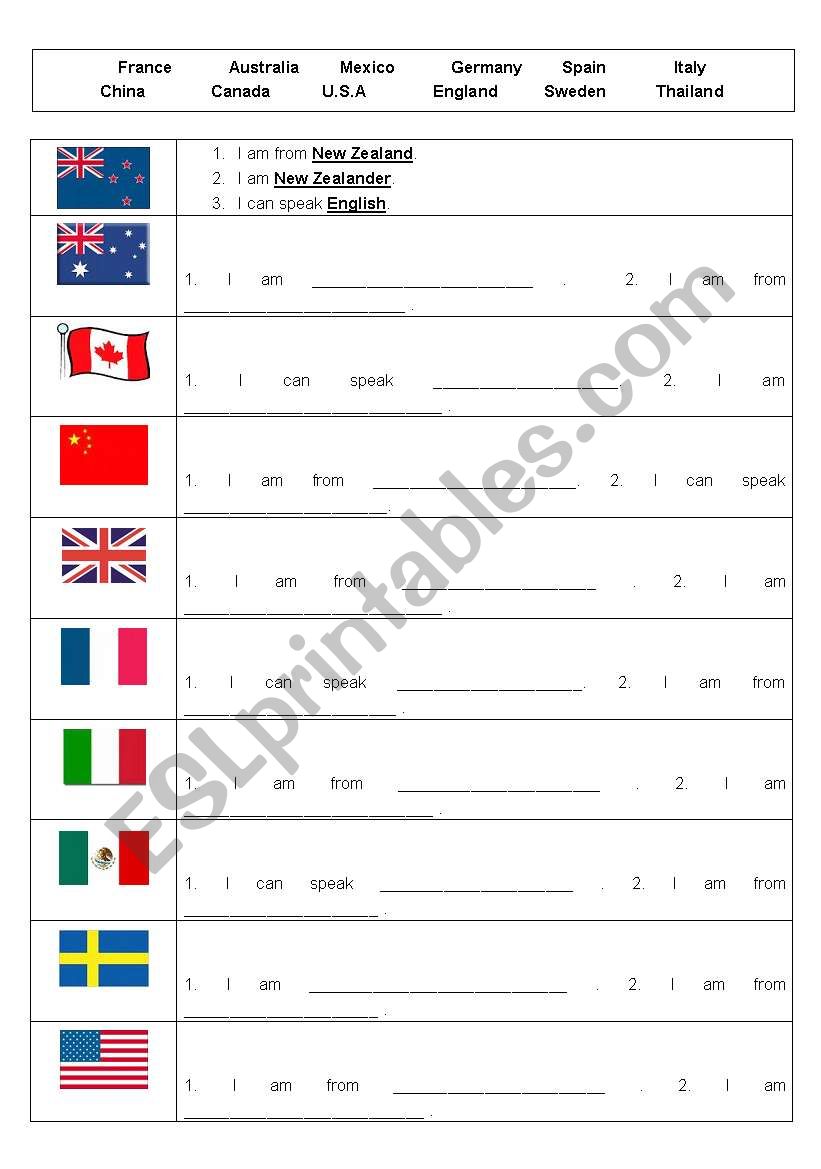 country and language worksheet
