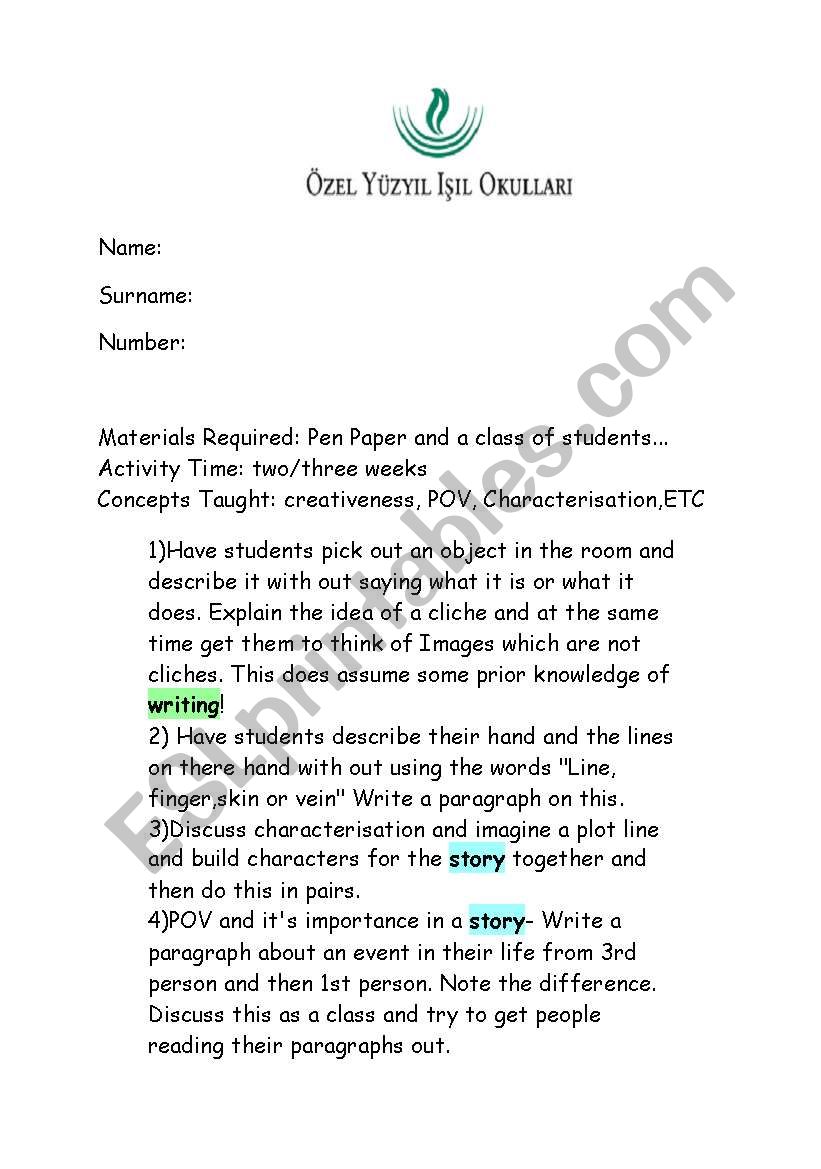 short story writing worksheet