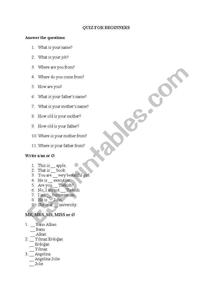 Quiz for Beginner levels worksheet