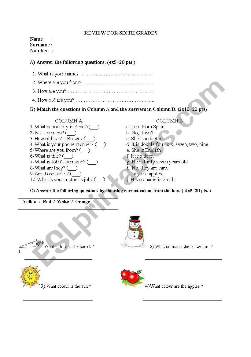 A review for sixth grades worksheet
