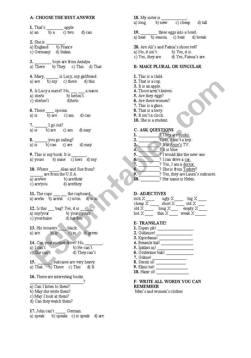 quiz for starters worksheet