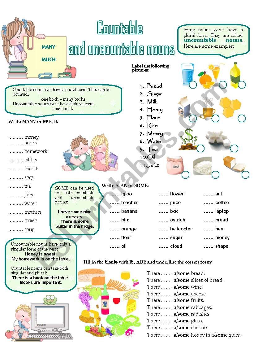 COUNTABLE AND UNCOUNTABLE NOUNS ESL Worksheet By Domnitza