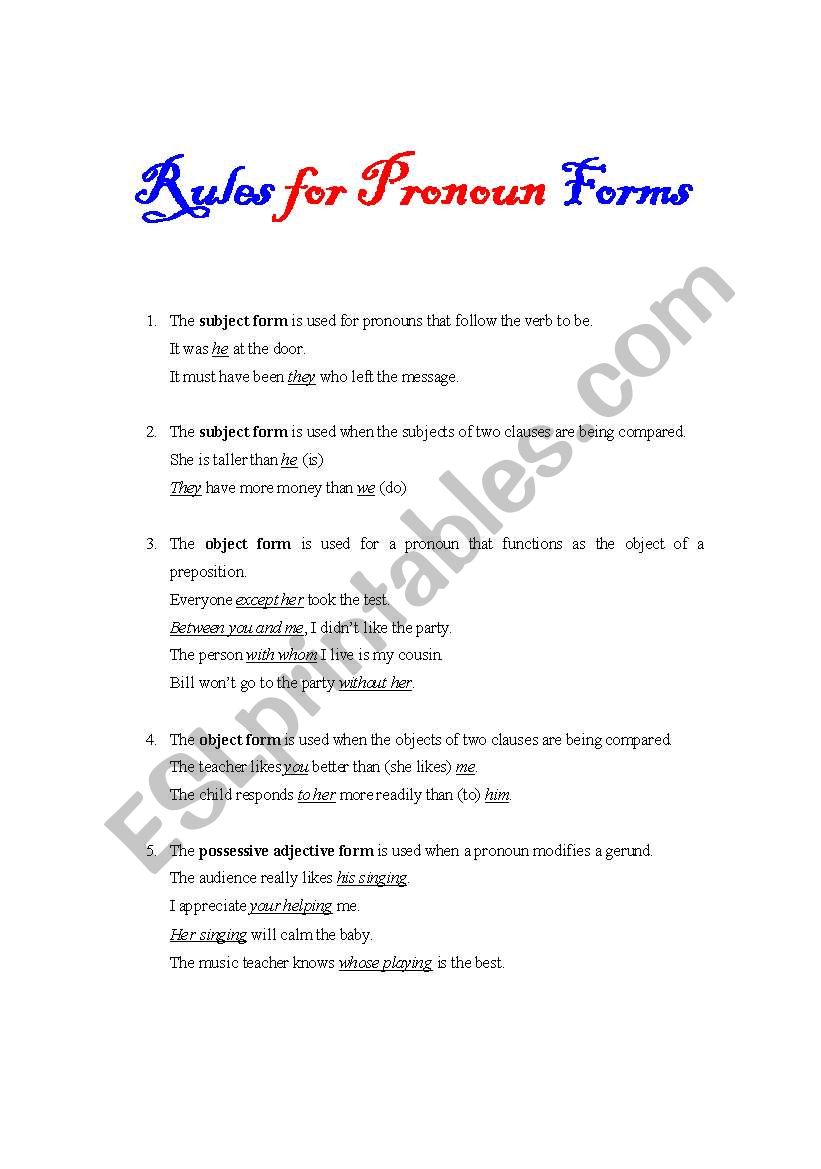 Rules for Pronoun Form worksheet