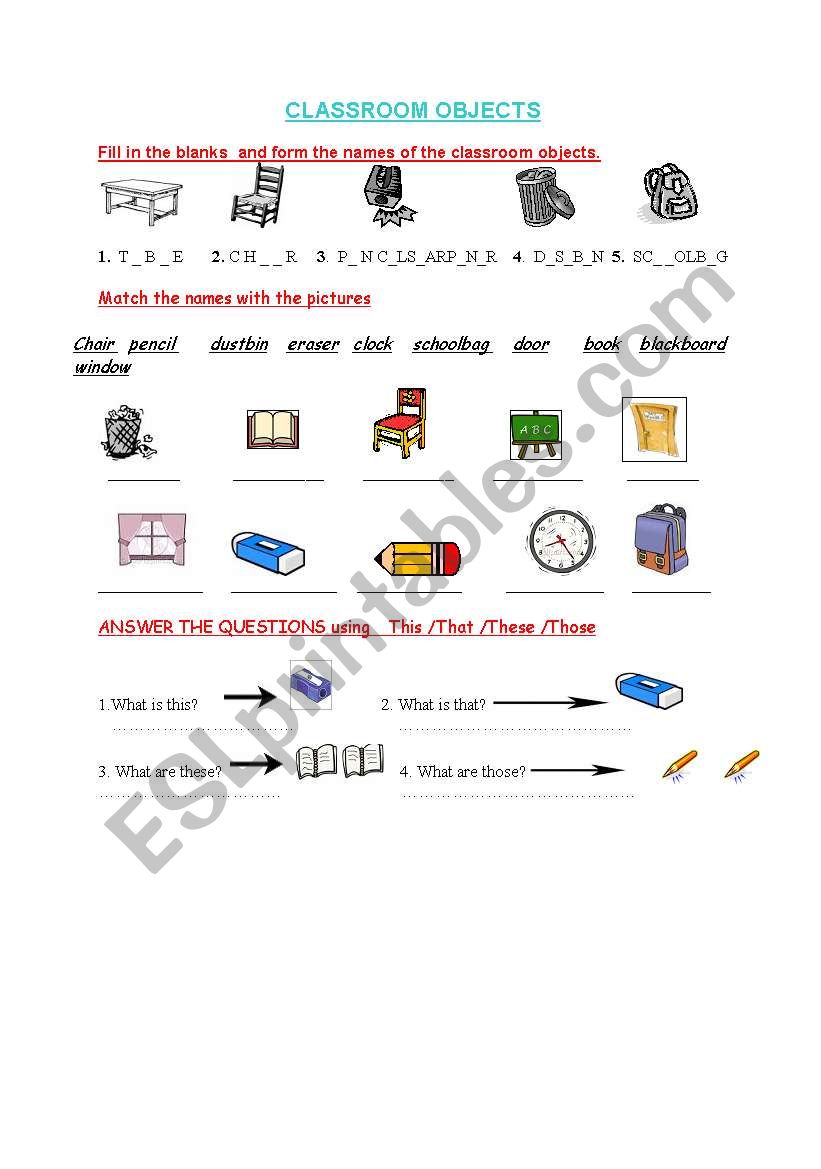 CLASSROOM OBJECTS worksheet