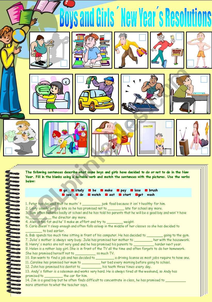 BOYS AND GIRLS´NEW YEAR´S RESOLUTIONS - ESL worksheet by Katiana