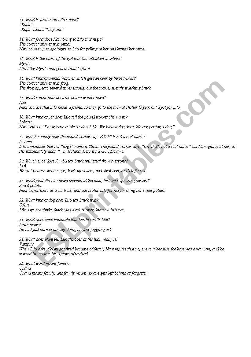 Lilo And Stitch The Quiz Esl Worksheet By Ericaplak