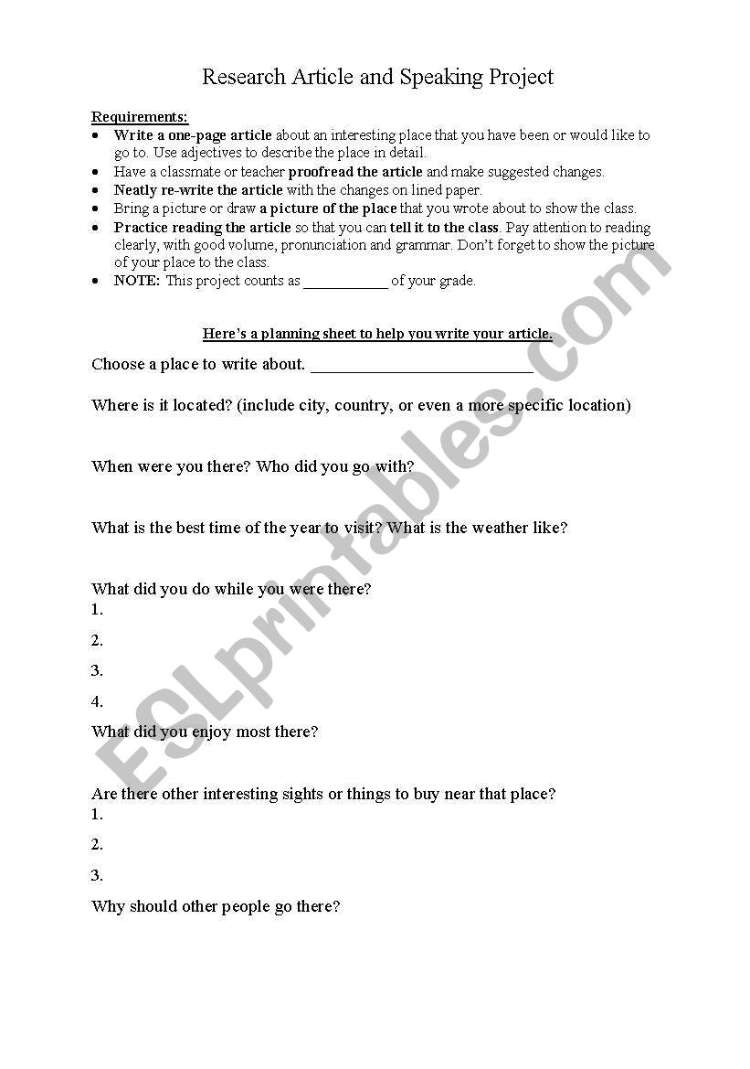 ESL Travel Article and Speaking Project student worksheet and example handout