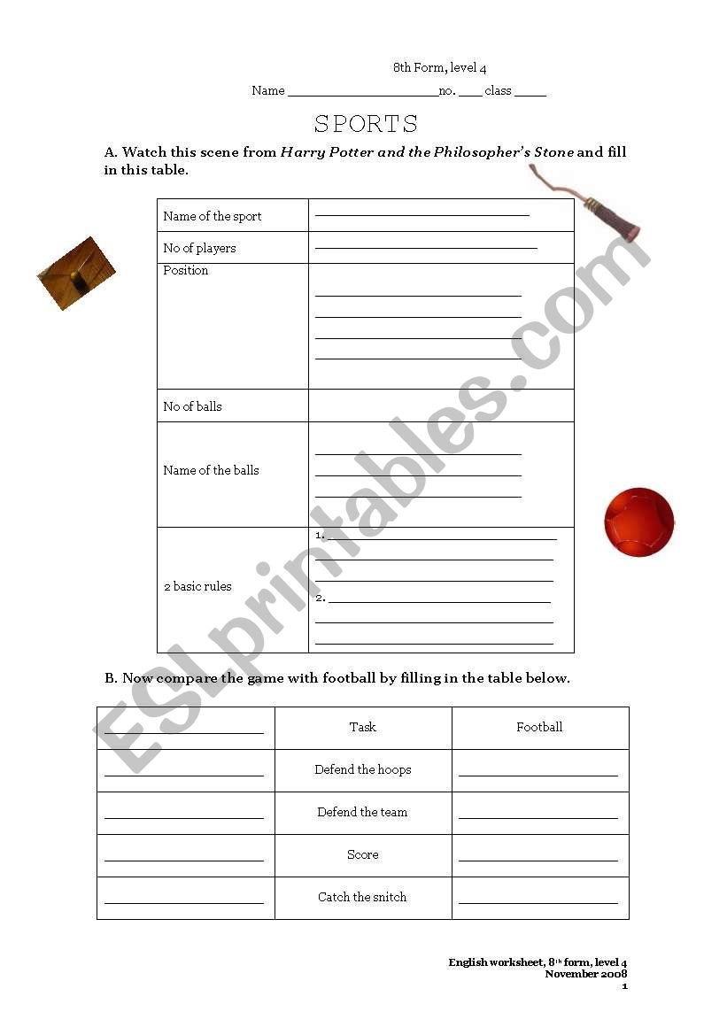 Quidditch worksheet