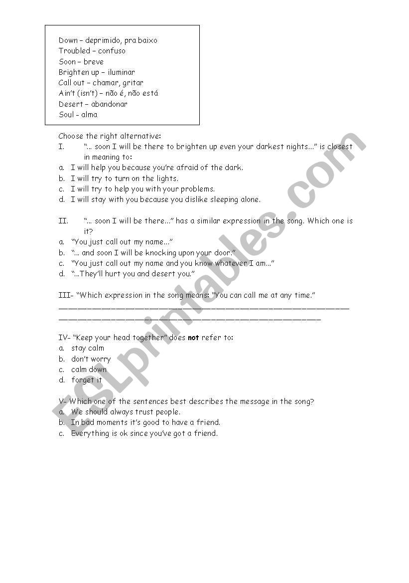 Song You Ve Got A Friend James Taylor Esl Worksheet By Rilufra