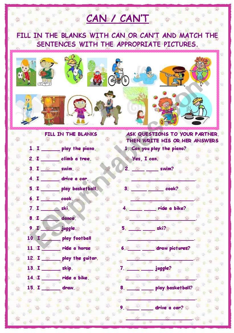 Can Can´t Esl Worksheet By Miss çelik