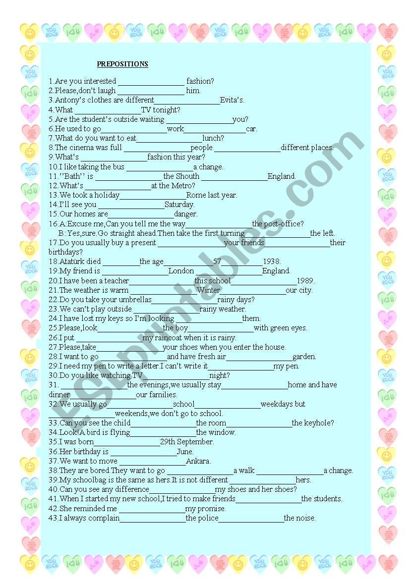 prepositon revision worksheet