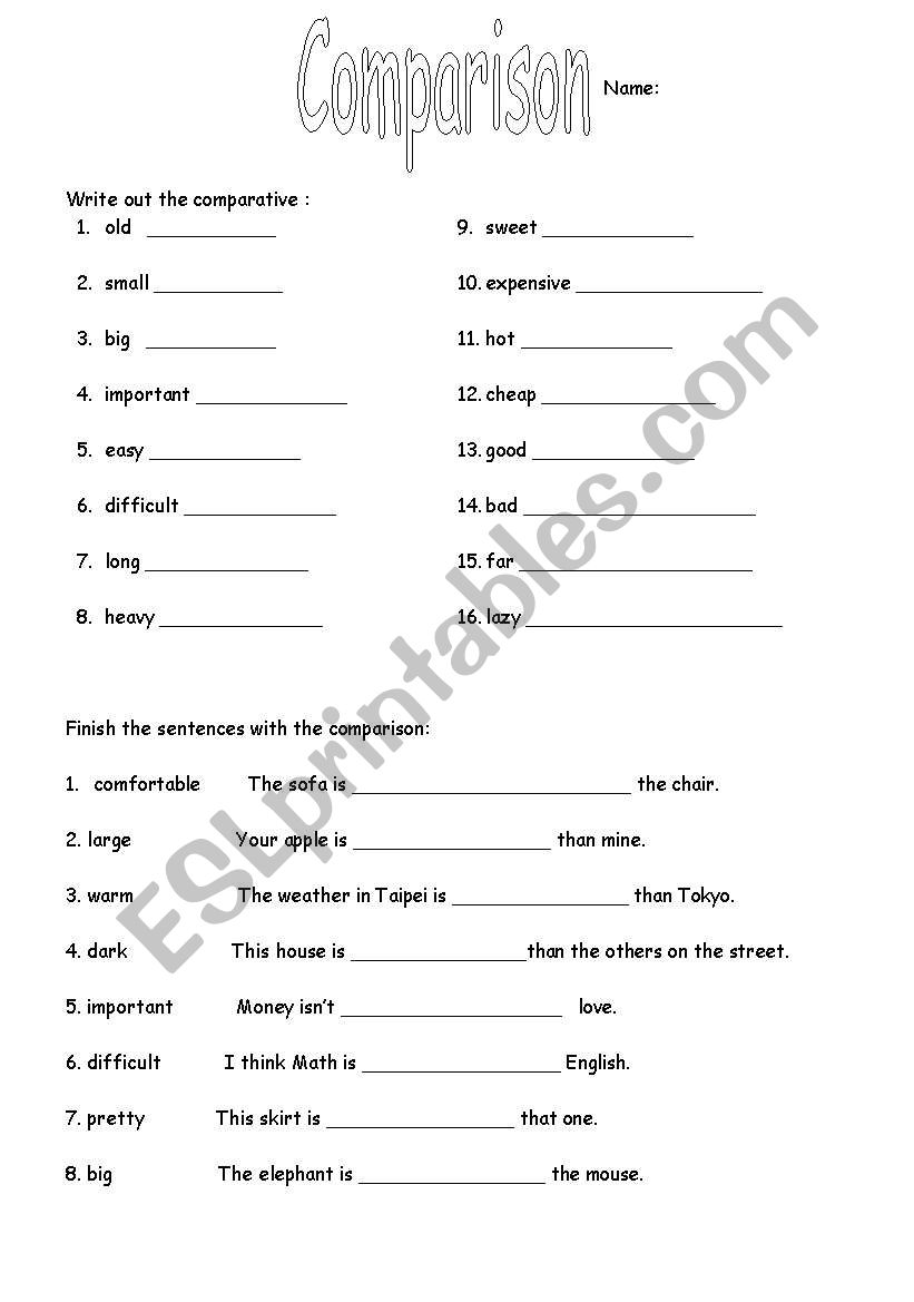 English Worksheets Comparison