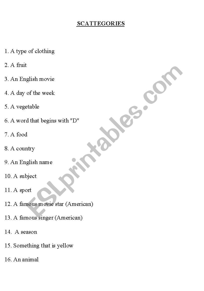 Scattegories worksheet