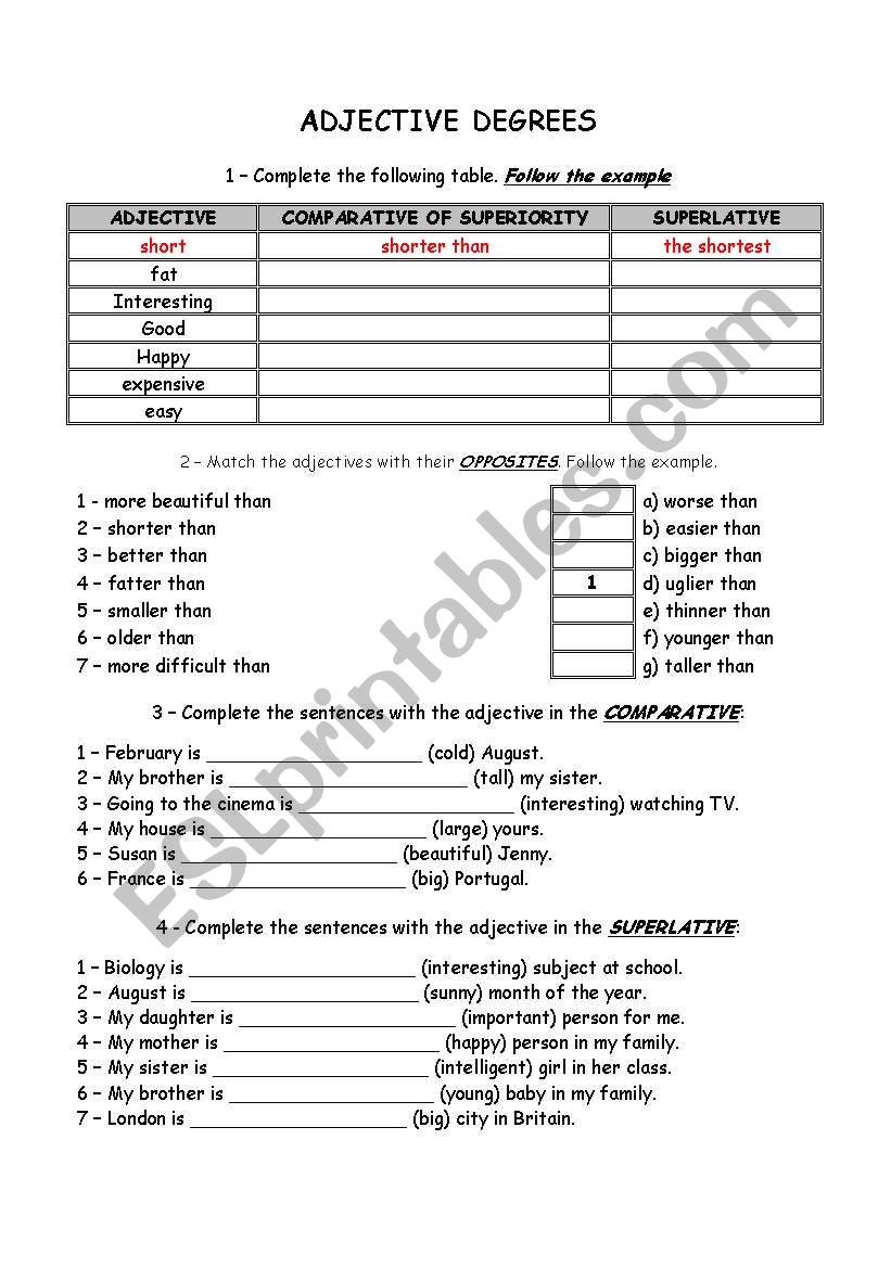 Worksheet For Degrees Of Adjectives