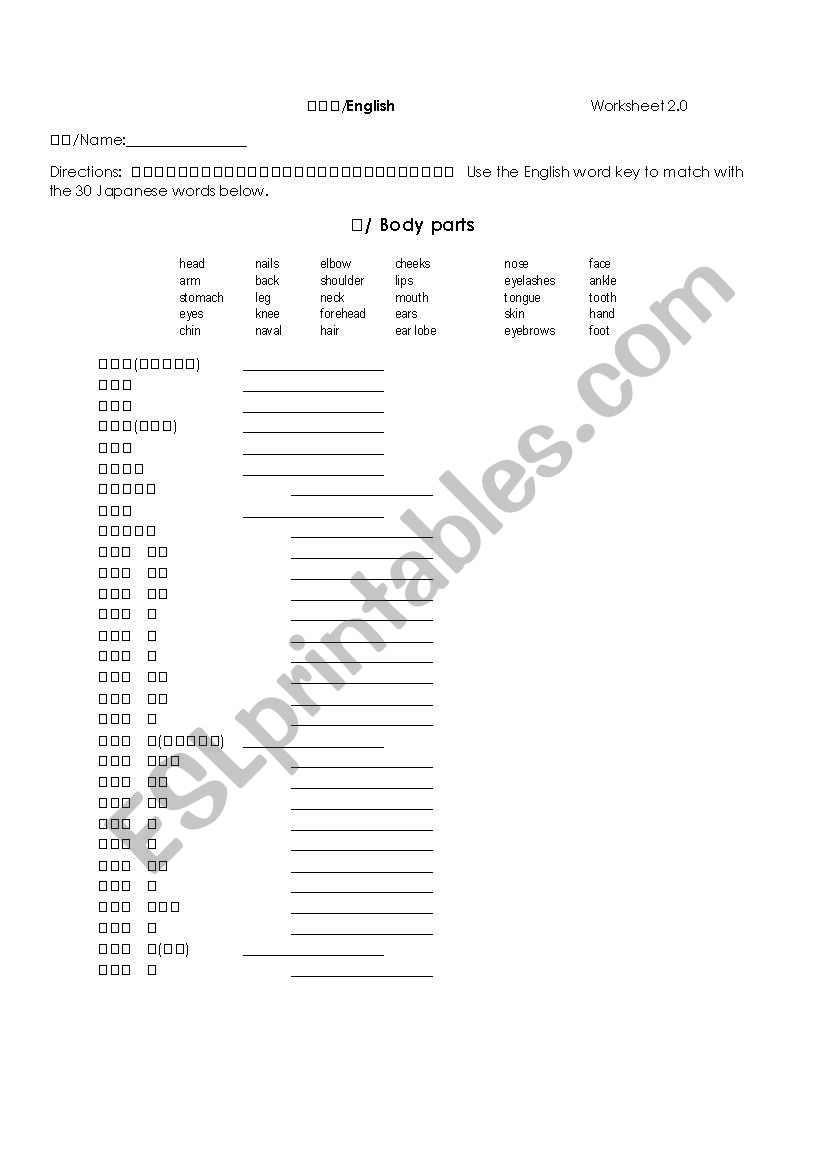 体/ Body parts worksheet