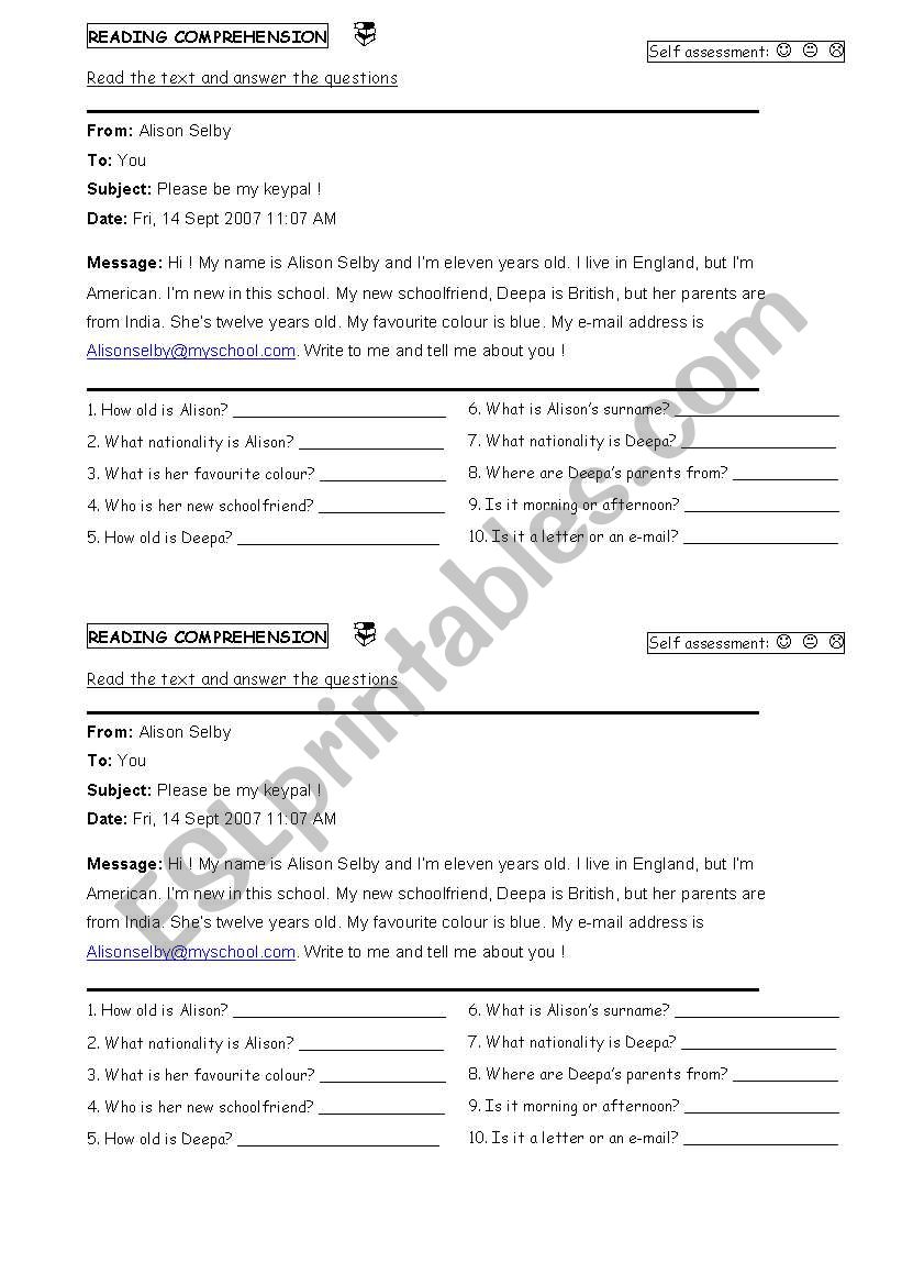 Alisons email worksheet