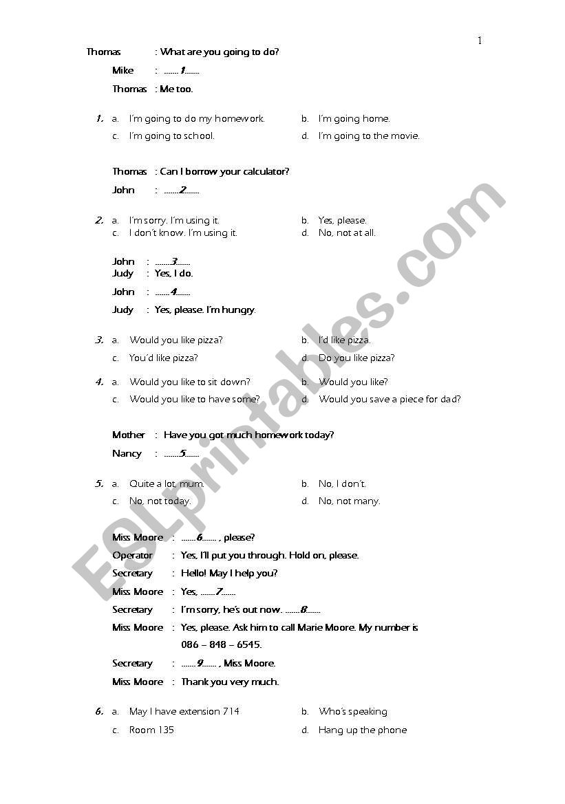 onversation Test worksheet