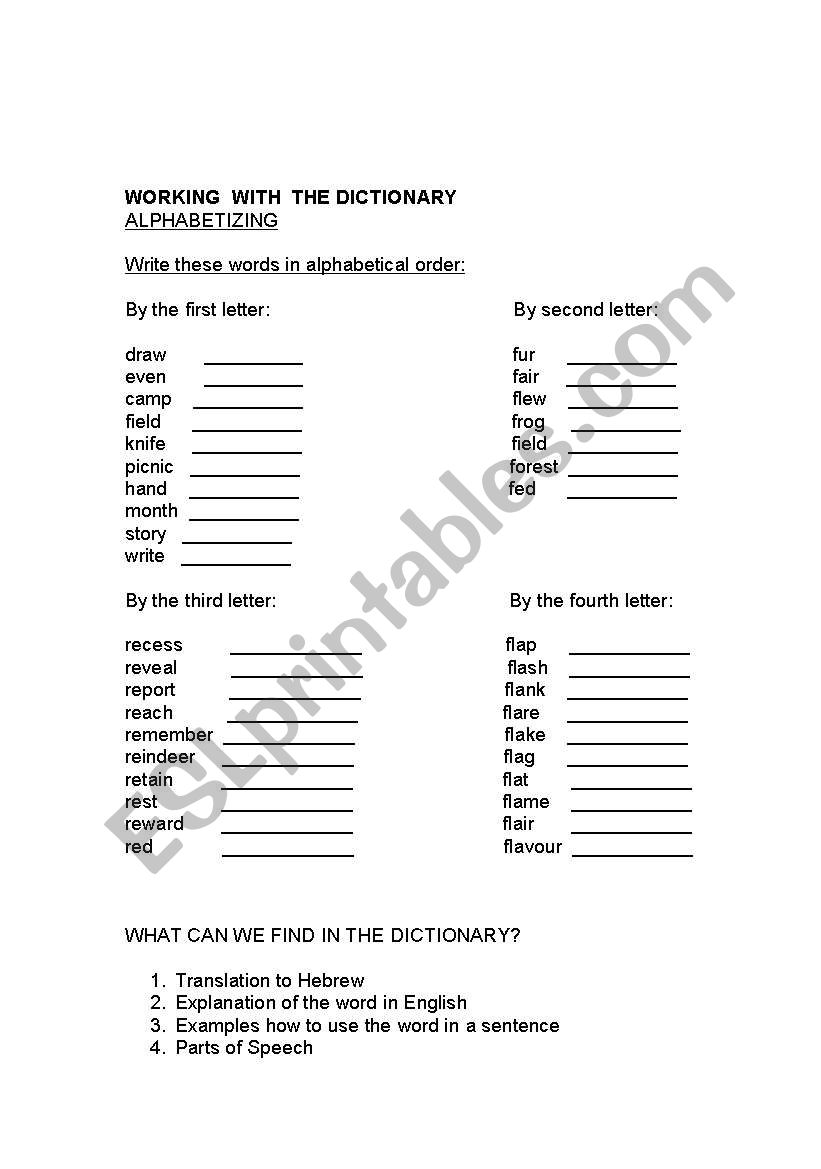 working with a dictionary worksheet