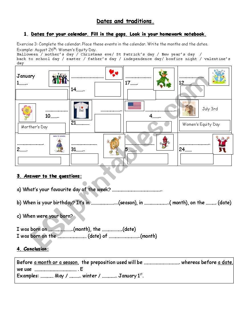 Dates and Traditions worksheet