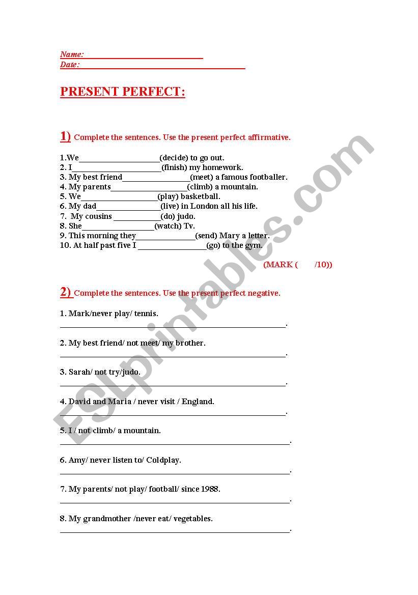 present perfect worksheet