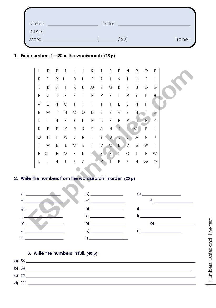 Numbers, dates and time test worksheet