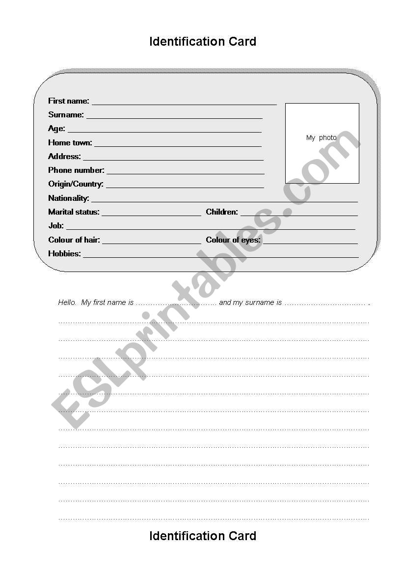 Identification Card worksheet