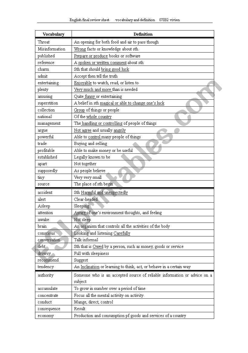 vocab of a book worksheet