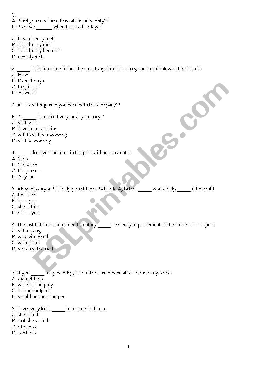 test intermediate grammar worksheet